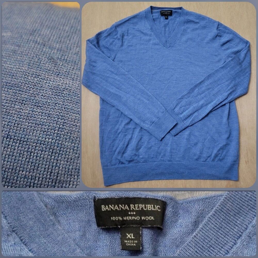 Banana Republic V Neck Sweater XL Men's Blue 100% Merino Wool Preppy Classic